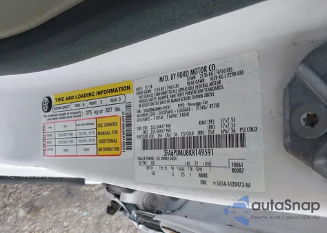 2019 Ford Fusion Hybrid Sel from USA, damaged, VIN 3FA6P0MU8KR149591